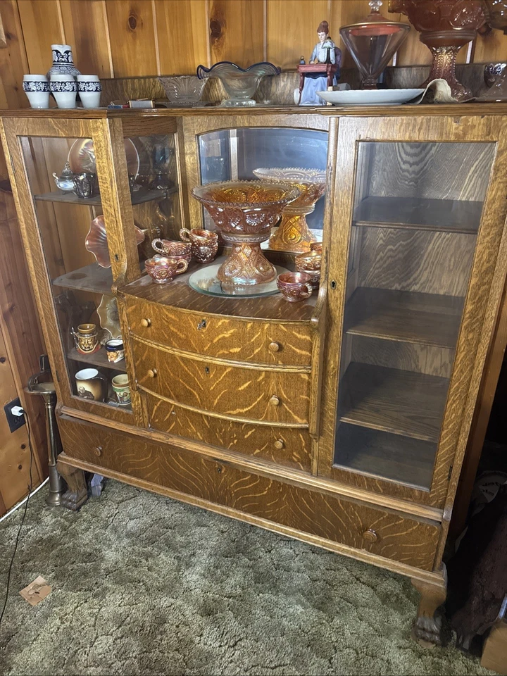 Vitrine antiga de carvalho tigre porcelana cabniet - Imagem 1 de 3