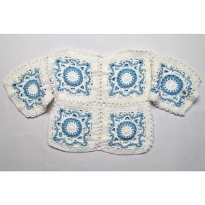  70er Jahre Style Damen S Cropped Pullover Boho Hippie weiß blau Festival Häkel Top  - Bild 1 von 7