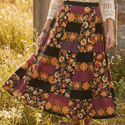 Saia maxi vintage anos 70 veludo patchwork envoltório boêmio hippie floral festival - Imagem 1 de 4