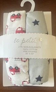 Le Petit Baby 2Pk Muslin Blankets Firetrucks and Stars 36"x40" NEW - Picture 1 of 6
