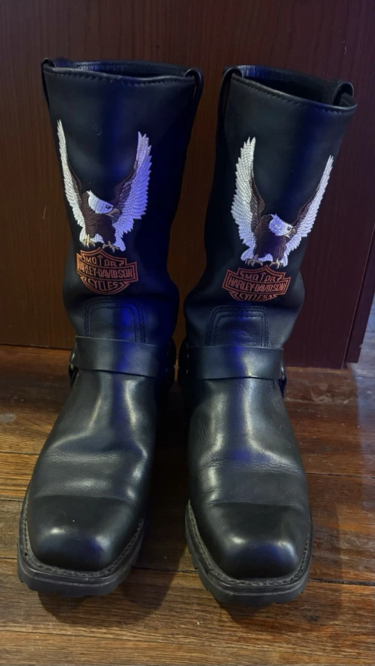 Harley Davidson Botas Hombre 10.5 Cuero Negro Bordado Arnés Moto Foto 1 de 4
