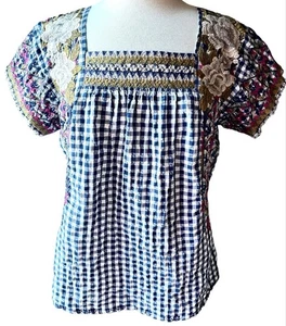 JOHNNY WAS WORKSHOP ~ RONNIE Mexican GINGHAM Top~ EMBROIDERY~ M Medium~ PRISTINE - Picture 1 of 6