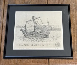 Eleonora Baryłko FRAMED Art ETCHING #69/100 “15th CENTURY GDANSK SHIP” Framed - Picture 1 of 8