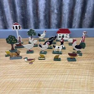 Antique German Miniature Flat Farm Ducks Chicken Dog Farmer Tree Well House - Picture 1 of 14