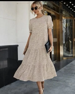 Casual Boho Dress Print Ruffle Puff Sleeve High Waist Midium - Picture 1 of 2