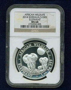 SOMALIA 2014 100 SHILLINGS SILVER COIN "ELEPHANT" CERTIFIED SUPERB GEM NGC MS68 - Picture 1 of 4