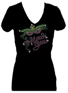 CAMISETA DE MANGA CORTA MARDI GRAS RHINESTONE PARTY LOVE CUELLO EN V - Imagen 1 de 2