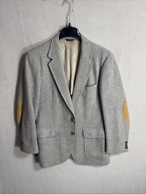 FLAW Vintage Savile Row 38R Mens Tweed Herringbone Wool Brown Leather Buttons - Image 1 of 4