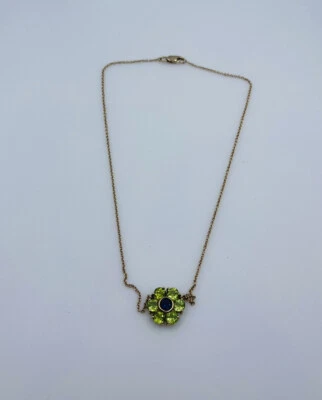 Vintage 14k Yellow Gold Peridot & Iolite Flower Necklace - Image 1 of 4