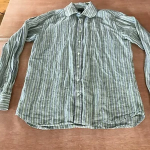 Saks Fifth Avenue 100% Linen Shirt Men L Green Striped Button Up Long Sleeve - Picture 1 of 12