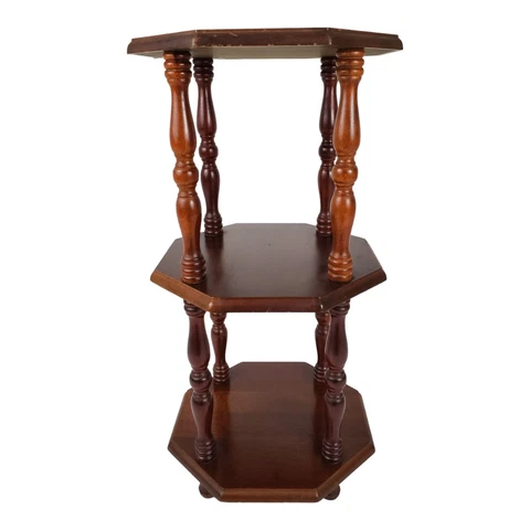 Vintage Spindle Shelf Display Table Side 3 Tier Mid-Century Modern Mahogany Cover