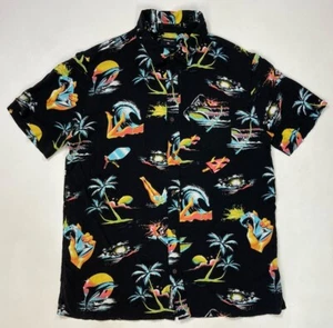 Quiksilver Button Up Shirt Men Large Black All Over Print Short Sleeve Pocket - Picture 1 of 8