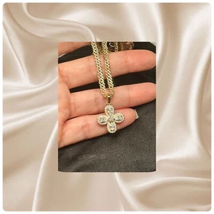NEW 14K Gold Plated 5mm Chino Link Chain 20" Cubic Zirconia Flower Necklace - Picture 1 of 11