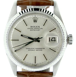 Rolex Datejust Men Stainless Steel 18K White Gold Watch Silver Dial Brown 1601 - Picture 1 of 7