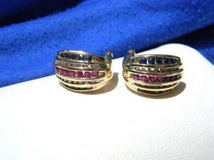 BEAUTIFUL 10K YELLOW GOLD DIAMOND RUBY EMERALD TRIPLE HUGGIE EARRINGS - Picture 1 of 10