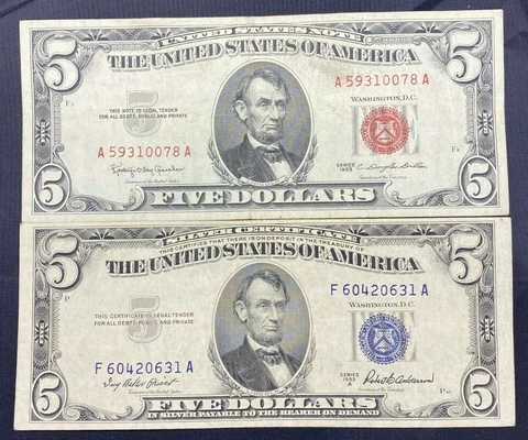 US Paper Currency $5 Dollar Collection $5 Dollar Red Seal & $5 Dollar Blue Seal Cover