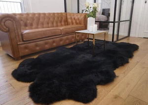 GIANT RUG Four SHEEPSKIN Black Throw Genuine Leather Sheep Skin Decorative rug - - Picture 1 of 10