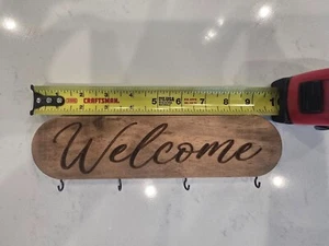 Rustic Wood "Welcome" Wall-Mounted Key Holder With 4 Hooks - Picture 1 of 4