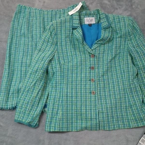 Le Suit Womens Skirt Suit Sz 16P Linen Blend 2pc Blue Green Tweed Calypso - Picture 1 of 21