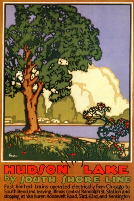 PÓSTER REPRO DE VIAJE DE COLECCIÓN HUDSON LAKE INDIANA SOUTH SHORE LINE EE. UU.  Foto 1 de 3