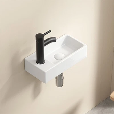 Lavabo de baño pequeño montado en la pared, lavabo de baño rectangular de cerámica blanca izquierda Foto 1 de 4