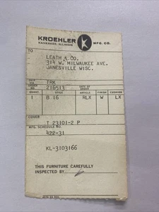 Kroehler Manufacturing Company Vintage Tag - Picture 1 of 2