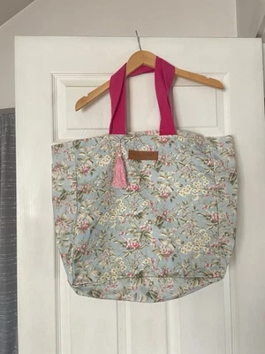 Laura Ashley Tote Bag Pink Blue Canvas Reusable Shopping Travel Boho Cottage - Image 1 of 4