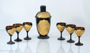 Antique Asian Black Lacquerware Bar Set Decanter with Six Cups, Gilt Dragons - Picture 1 of 13