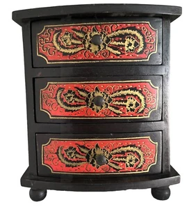 Rajasthani Tisch Curio 3 Schubladen rot schwarz gold lackiert Holz Schmuckkästchen - Bild 1 von 6