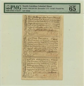 1771 Dec N.Carolina Colonial Sheet FR#NC-136/139/138 PMG 65 Gem EPQ - Picture 1 of 2
