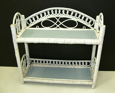 Vintage White Wicker 2 Tier Shelf Wall Free Standing Cottage Country Farmhouse  - Image 1 of 4