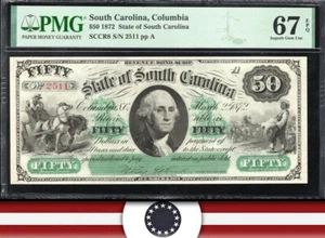 1872 $50 STATE OF SOUTH CAROLINA OBSOLETE BANK NOTE PMG 67 EPQ COLUMBIA SC 2511 - Picture 1 of 3