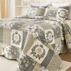 Floral Quilt King, 3 Pcs Bird Pattern Bedspread Set, Plaid Farmhouse Reversible - Picture 1 of 7