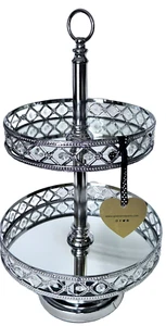 2-tiered Dessert Stand Silver Mirrored Inside Rim w/Crystals - Opulent Treasures - Picture 1 of 5