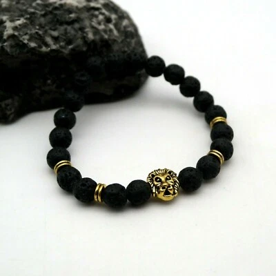 Bracciale Braccialetto da Uomo nero pietra lavica pietre lava rock 8mm Elastico  - Immagine 1 di 3