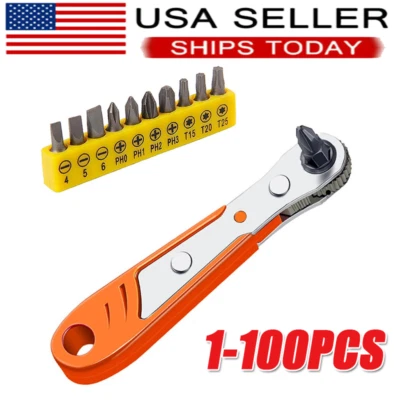Ratcheting Right Angle Screwdriver Hex Drive 90 Degree Offset + 10pc Bits Set! - Image 1 of 4
