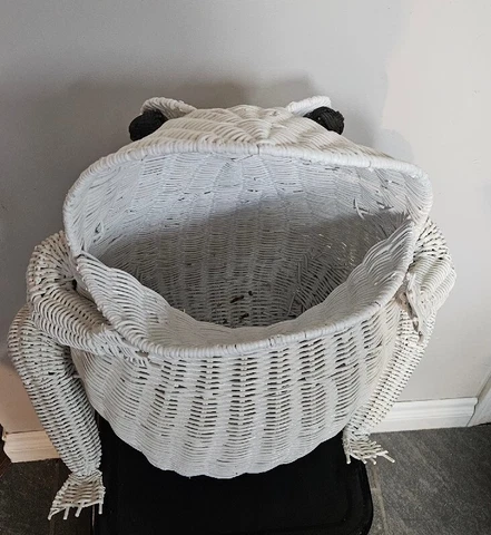 Vintage Large White Wicker Rattan Boho Frog Toad Basket Holder  19" Tall Cover