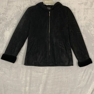 Pierre Cardin Jacke Mantel Damen Medium Large schwarz Kunstfell gefüttert Kapuze durchgehender Reißverschluss - Bild 1 von 7