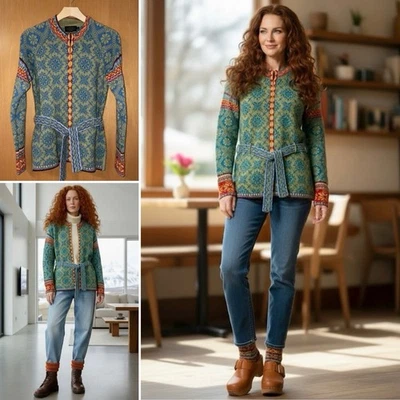 Cardigã suéter de lã com zíper completo islandês design floco de neve ilha justa com cinto M? S - Imagem 1 de 4