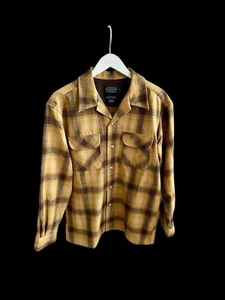 Vintage Pendleton Yellow Brown Shadow Plaid Wool Loop Collar Board Shirt Medium - Picture 1 of 10