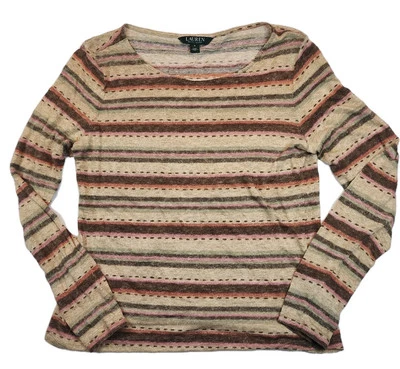 Suéter Pullover LRL Ralph Lauren 100% Lino Para Mujer M Marrón Tostado Camisa a Rayas  Foto 1 de 4