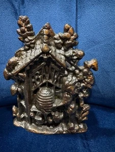 Vintage Cast Iron Bear Beehive And Bees Bronze Finish Still Bank PB Marked  - Picture 1 of 8