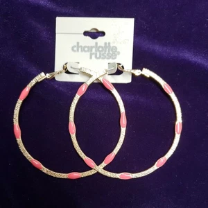 Charlotte Russe Large Hoop Earrings, Gold Tone, Pink Enamel Accents, 2.75 inch - Picture 1 of 7