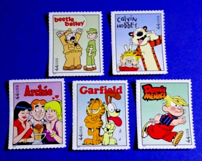 US 4467-71 SUNDAY FUNNIES "SET OF 5 SINGLES" FROM UNCUT PRESS SHEET "ERROR" 44c - Image 1 of 2