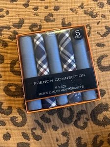 French Connection Luxury Handkerchiefs Blue Checkered Plaid Solid - Picture 1 of 3