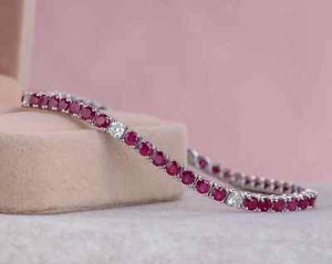 14K White Gold Plated Lab Created Red Ruby Women's Tennis Bracelet 6Ct Round Cut - Picture 1 of 7