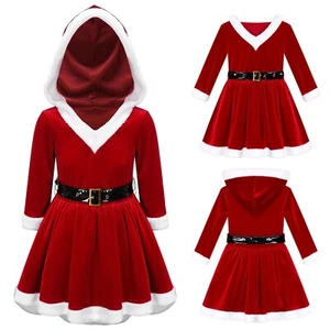 Mädchen Weihnachten Kapuze Samt Tutu Kleid Langarm Frau Weihnachtsmann Dress Up - Bild 1 von 18