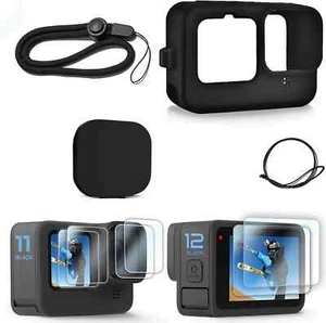 Black Silicone Case for GoPro Hero 12/11/10/9 Screen Protectors Lens Caps Kit