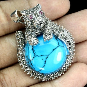 925 Sterling Silver Pendant Round Turquoise Stabilized Ruby Marcasite Gemstone - Picture 1 of 9