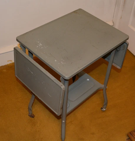 Vintage Metal Drop Leaf Typewriter Stand Table on Casters Gray Cover